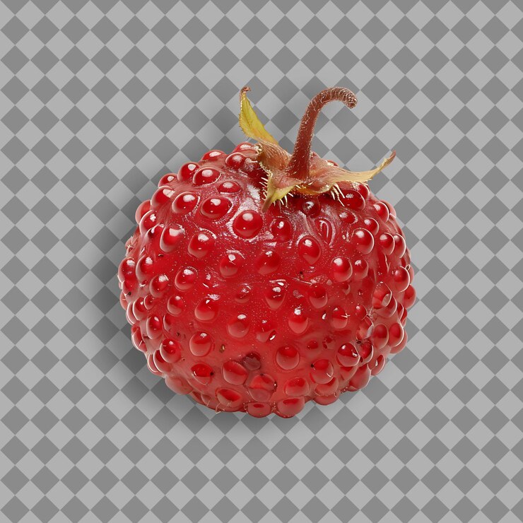 PSD thimbleberry fruit with small and round shape and bright red isolated fruit on clean background