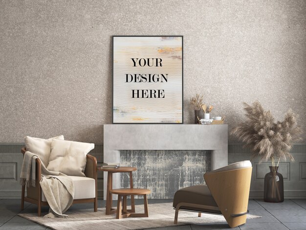 Thin frame mockup leaning against decorative stucco wall in room with furniture