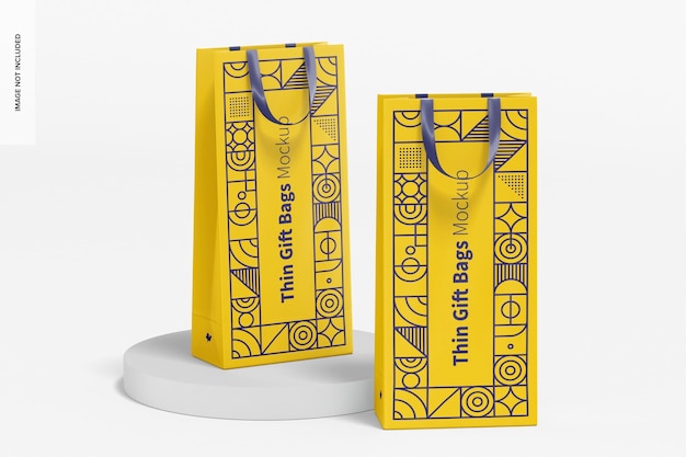 Thin Gift Bags with Ribbon Handle Mockup, Perspective