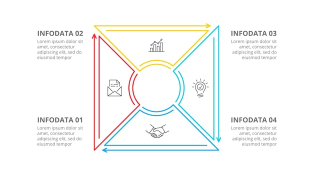 PSD 細いラインサイクル・スクエア・ダイアグラム インフォグラフィック 4つの選択肢 ステップまたはプロセス