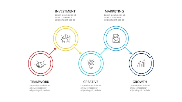 PSD thin line flat circles for infographic business concept with 5 options parts steps or processes