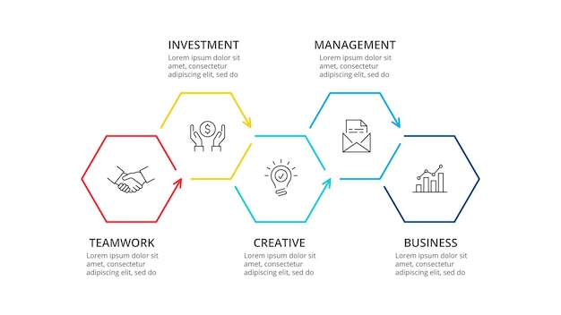 Thin line flat hexagons for infographic Template for diagram with 5 options or processes