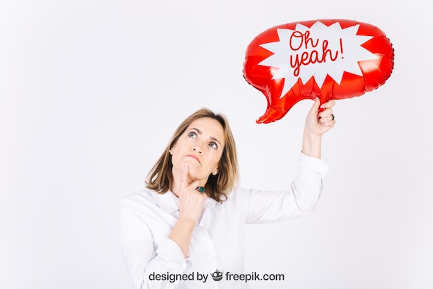 Thinking woman with speech bubble balloon for event