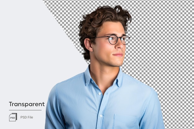 PSD thinking young man with glasses in blue shirt transparent background ai generated