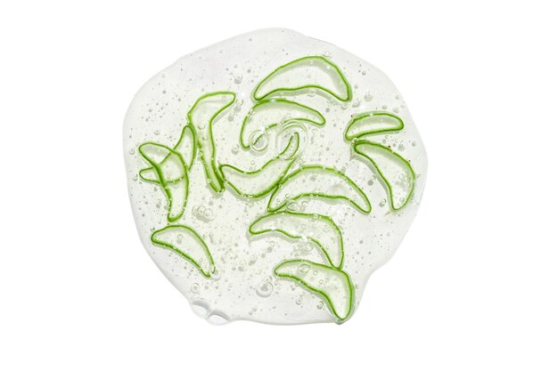 PSD thinly sliced slices or pieces of aloe vera in a transparent gel with bubbles on a white background