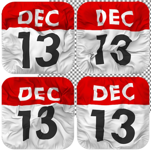 Thirteenth 13th December Date Calendar Icon Isolated Four Waving Style Bump Texture 3D Rendering