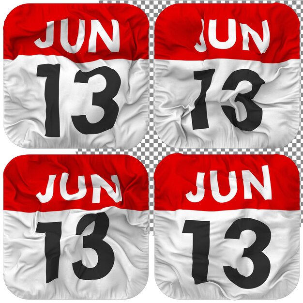 Thirteenth 13th june date calendar icon isolated four waving style bump texture 3d rendering