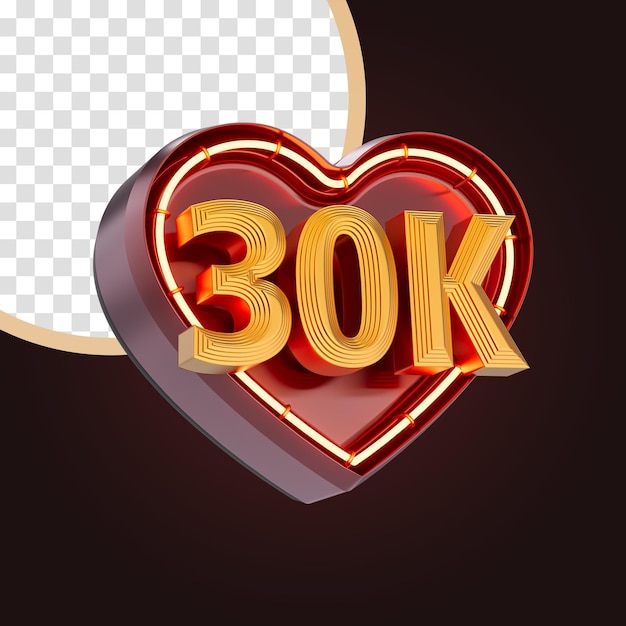 Trentamila o 30k follower celebrazione amore icona bagliore al neon illuminazione 3d concetto di rendering