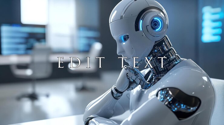 PSD a thoughtful humanoid robot sits in a modern office contemplating