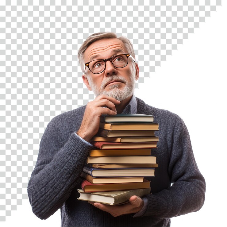 PSD a thoughtful male professor holding a stack of books and wearing reading glas transparent background