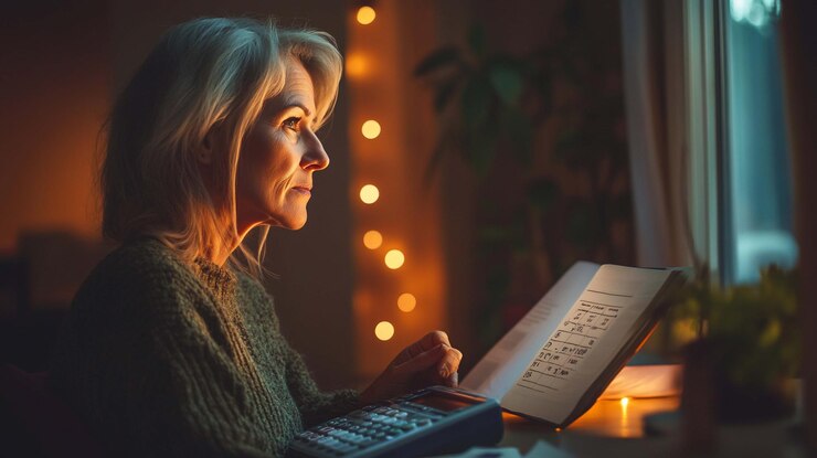 PSD thoughtful mature woman reading book and using calculator at night by window