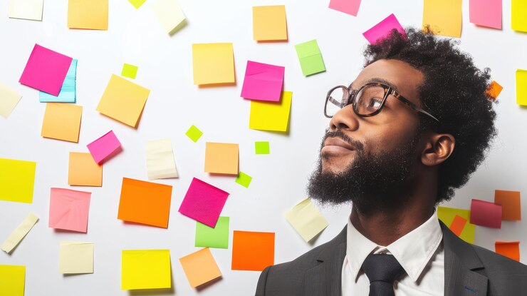 PSD a thoughtful professional man analyzes colorful postit notes on a wall in a creative workspace during office hours