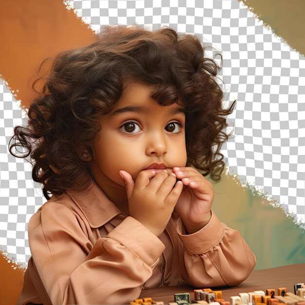 PSD thoughtful south asian toddler kinky hair board games attire pensive pose finger on lips apricot background