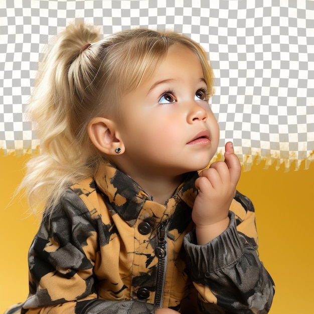 Thoughtful west asian toddler woman collecting stamps blonde hair defensive pose pastel yellow background