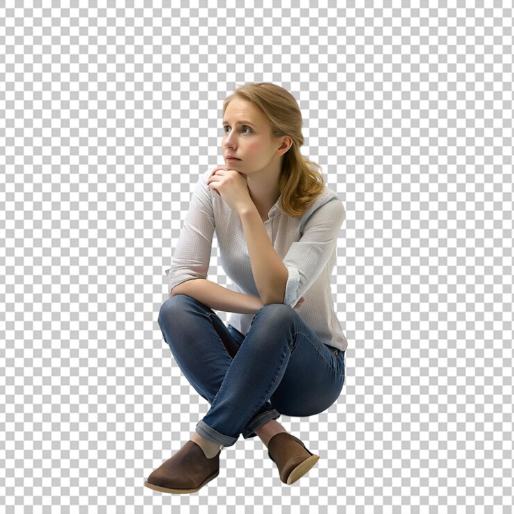 PSD задумчивая женщина сидит png