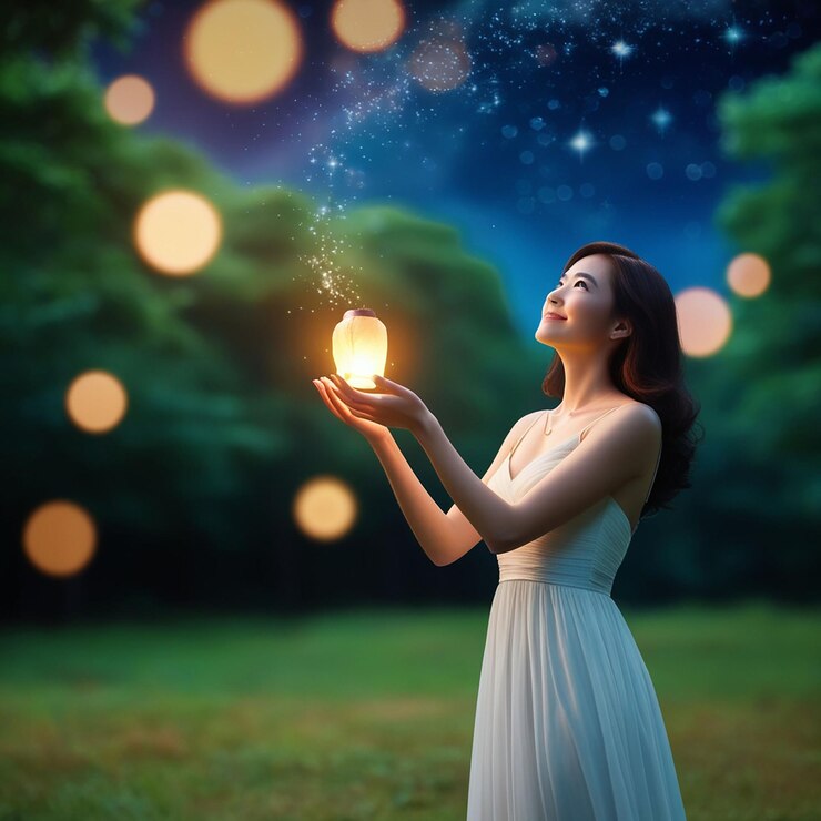 PSD 成千上萬的燈在天空, 在水面上反射, 人们在看.