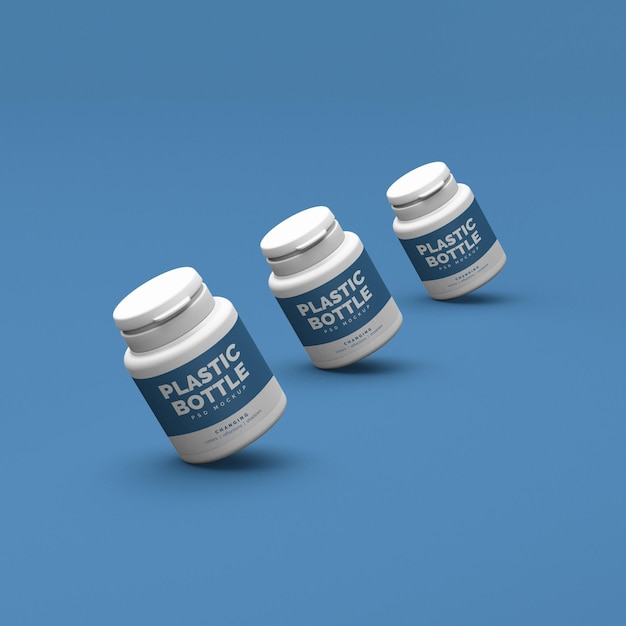 Three 3d plastic jars mockup for vitamins, supplement, protein pills on a clear background.