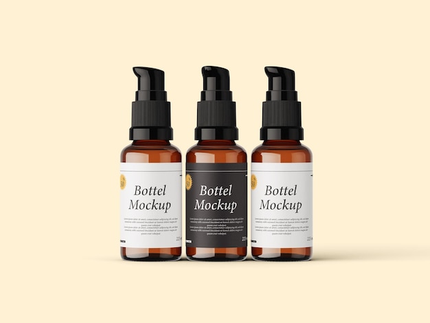Three Amber Glass Cosmetic Bottles with Black Pumps and White Labels mockup