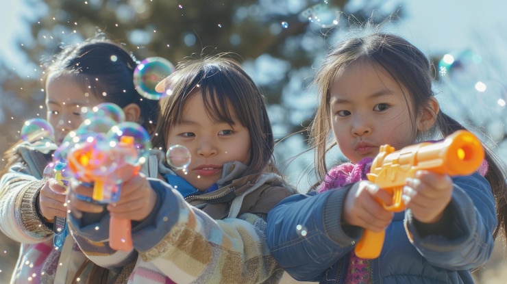 PSD 3人のアジアの女の子がバブルで囲まれて野外でバブル銃を遊びながら持っています