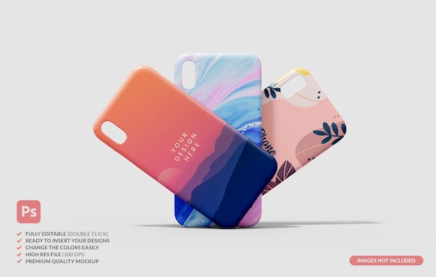 Tre modelli di cover per telefono con protezione in plastica per la parte posteriore su uno sfondo di colore neutro per la presentazione del design del marchio nell'illustrazione 3d