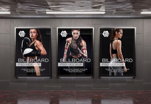 Три рекламных щита на стене подземного метро Mockup