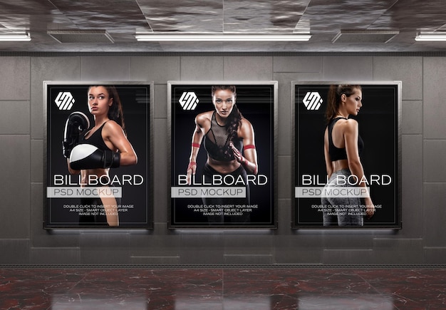 Three billboards on underground subway wall Mockup