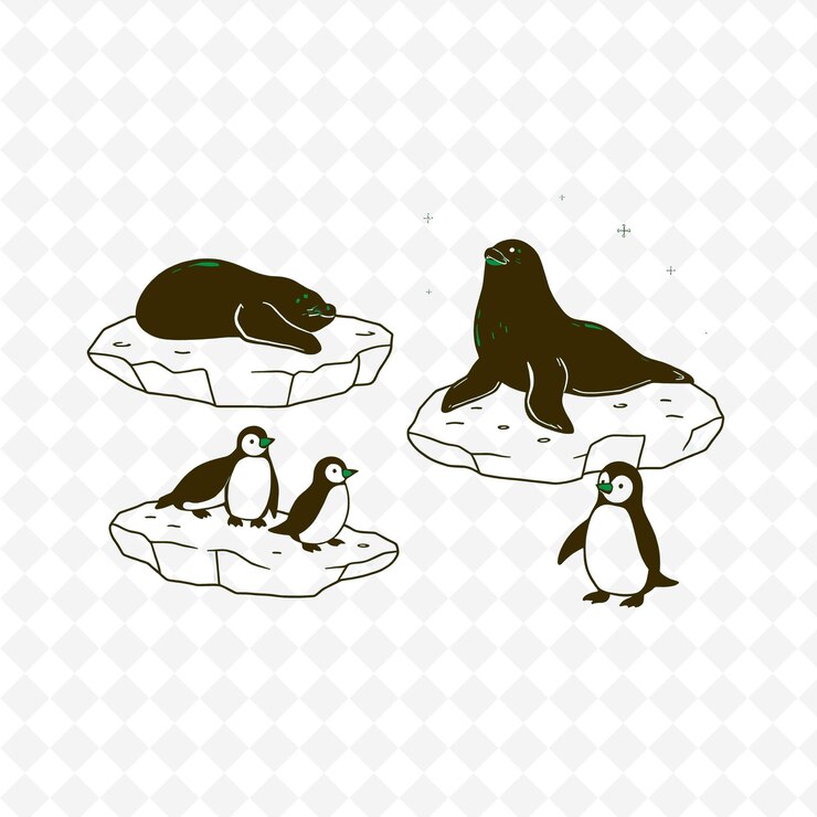 PSD three birds on an ice floe with a white background