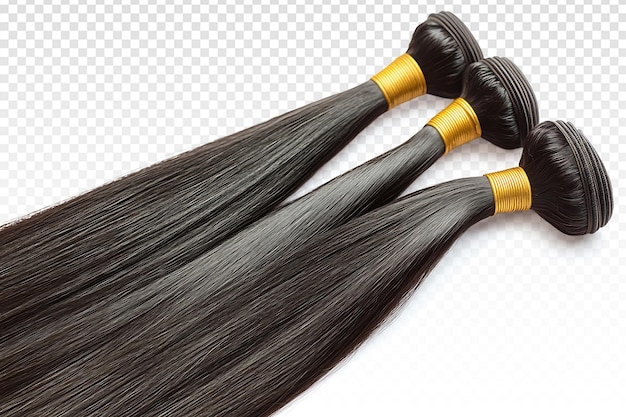 three black hair bundles with gold band on white background