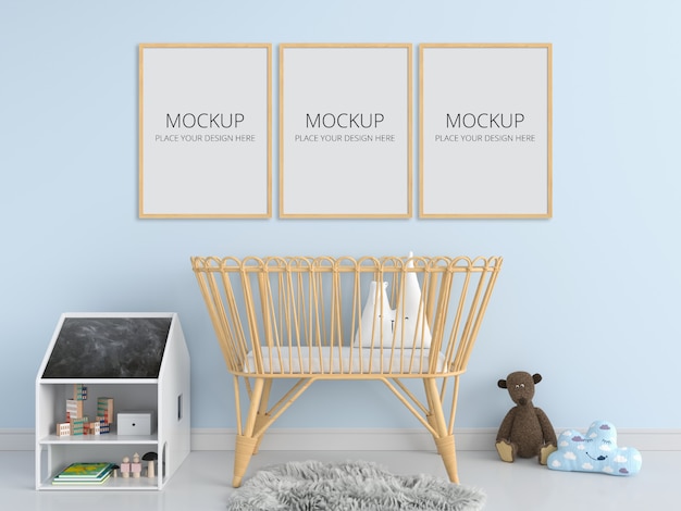 Three blank photo frame for mockup in child bedroom