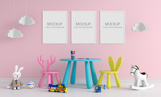 Three blank photo frame for mockup in children room