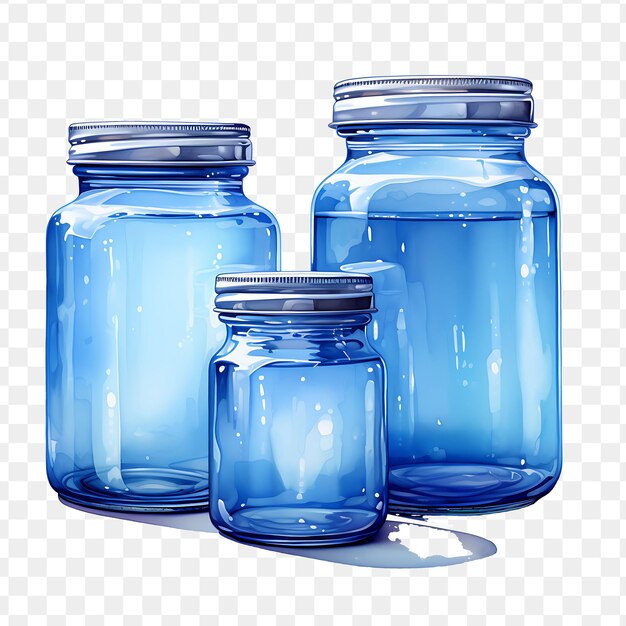 PSD three blue glass jars with one that says  blue