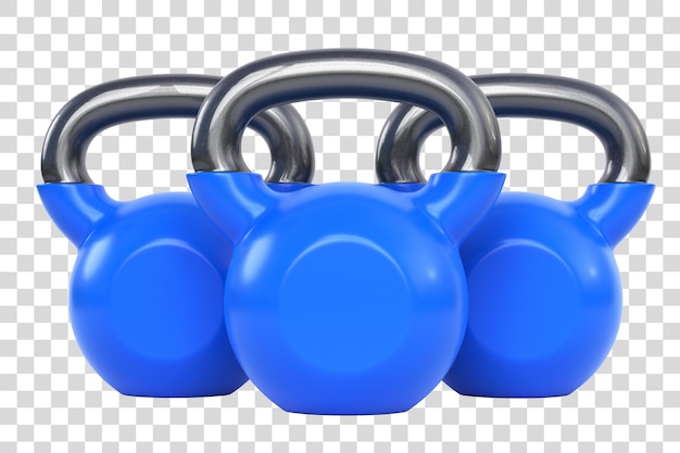 PSD tre kettlebell blu isolati su sfondo bianco in piedi uno vicino all'altro rendering 3d