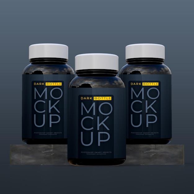 Three bottles of black bottles with white caps that say mock up.