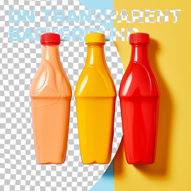 PSD three bottles of orange and yellow are on a checkered surface