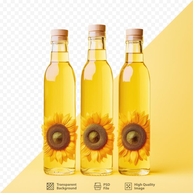 PSD three bottles of sunflower are displayed on a transparent background.