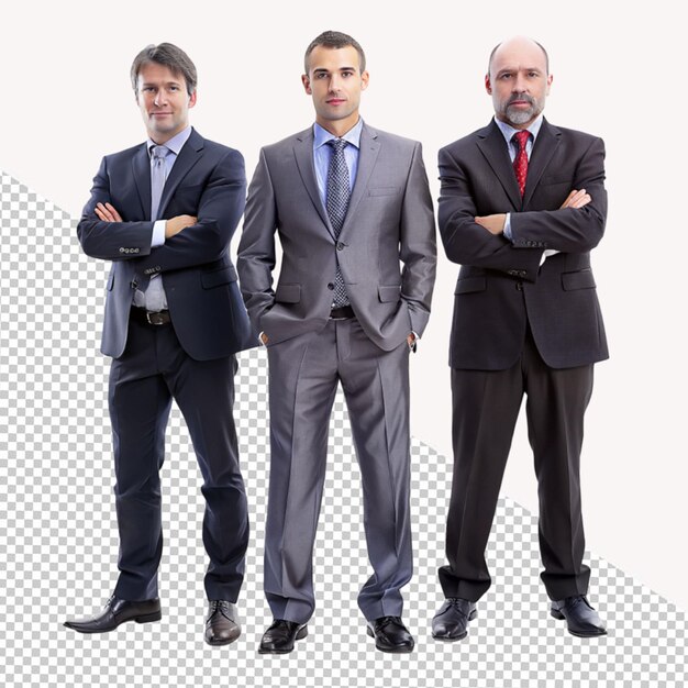 PSD three businessman stand on transparent background