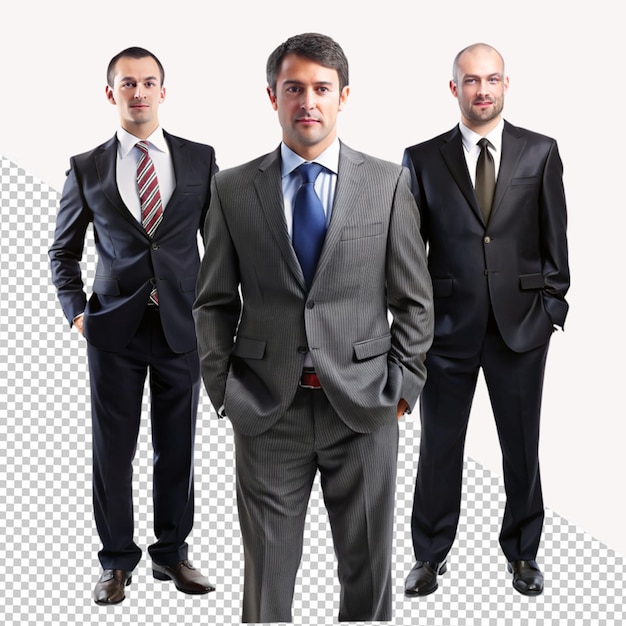 PSD three businessman stand on transparent background