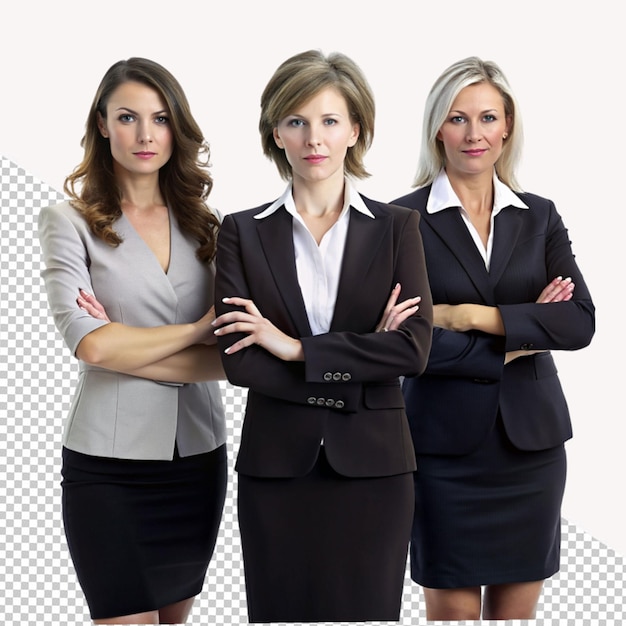 PSD tre donne d'affari in piedi su uno sfondo trasparente
