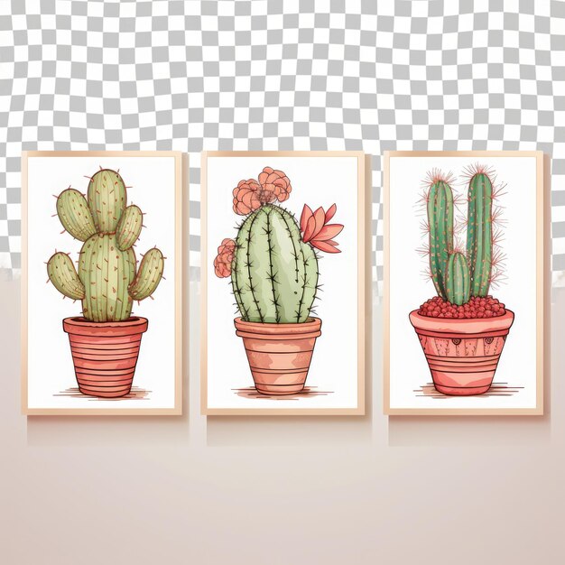 PSD three cacti in pots as houseplants on a white background