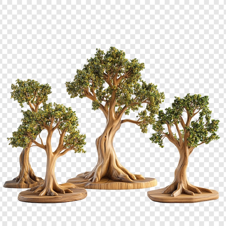 PSD three carved wooden trees with lush green foliage