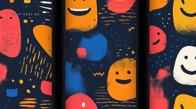 three cheerful abstract seamless patterns with happy faces and colorful shapes on dark background
