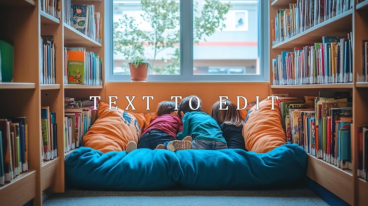 PSD three children reading books together in a cozy library nook