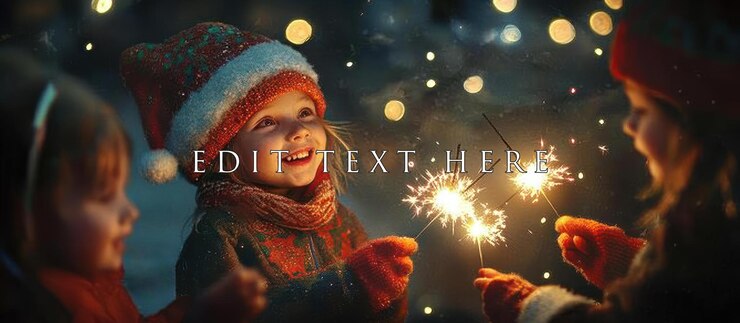 PSD three children in winter hats holding sparklers at night