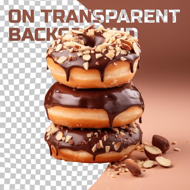 PSD three chocolate glazed donuts stacked on transparent background