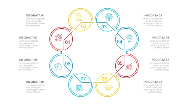 PSD Три круга с стрелками для тонкой линии инфографики бизнес-презентация с 8 вариантами