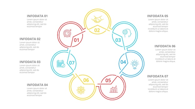 three circles with arrows for thin line infographic business presentation with 7 options