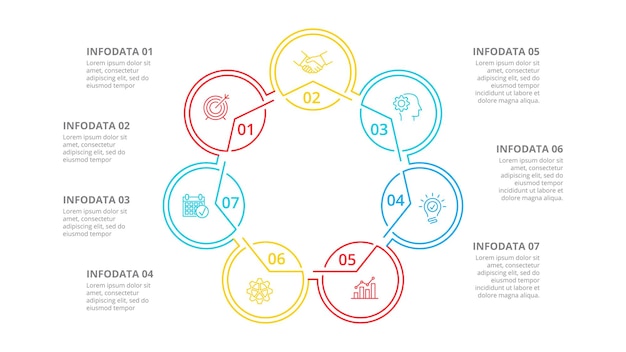 PSD three circles with arrows for thin line infographic business presentation with 7 options