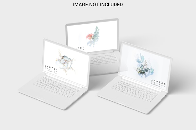 Three clay laptop mockup front view isolated