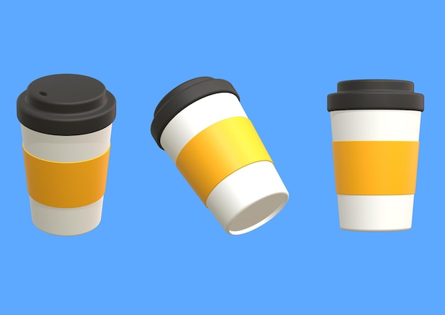 PSD 노란색 뚜껑과 검은 줄무늬가 있는 세 개의 커피 컵은 파란색 배경에 있습니다.