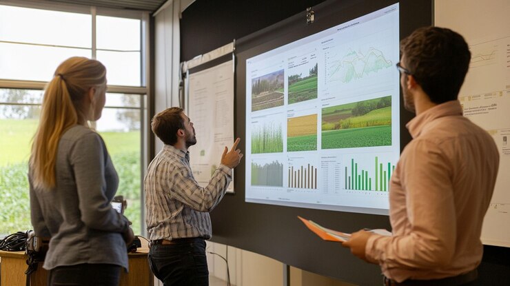 PSD three colleagues analyze agricultural data projected on a large screen in a meeting room